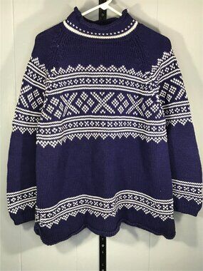 Eddie Bauer Sweater Womens Small Blue White Fair Isle Nordic Roll Neck Cotton